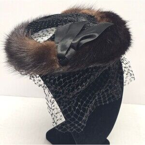 Bonwit Teller Real Brown Mink Veil Netting Fur Pillbox Halo Hat Vintage 50s